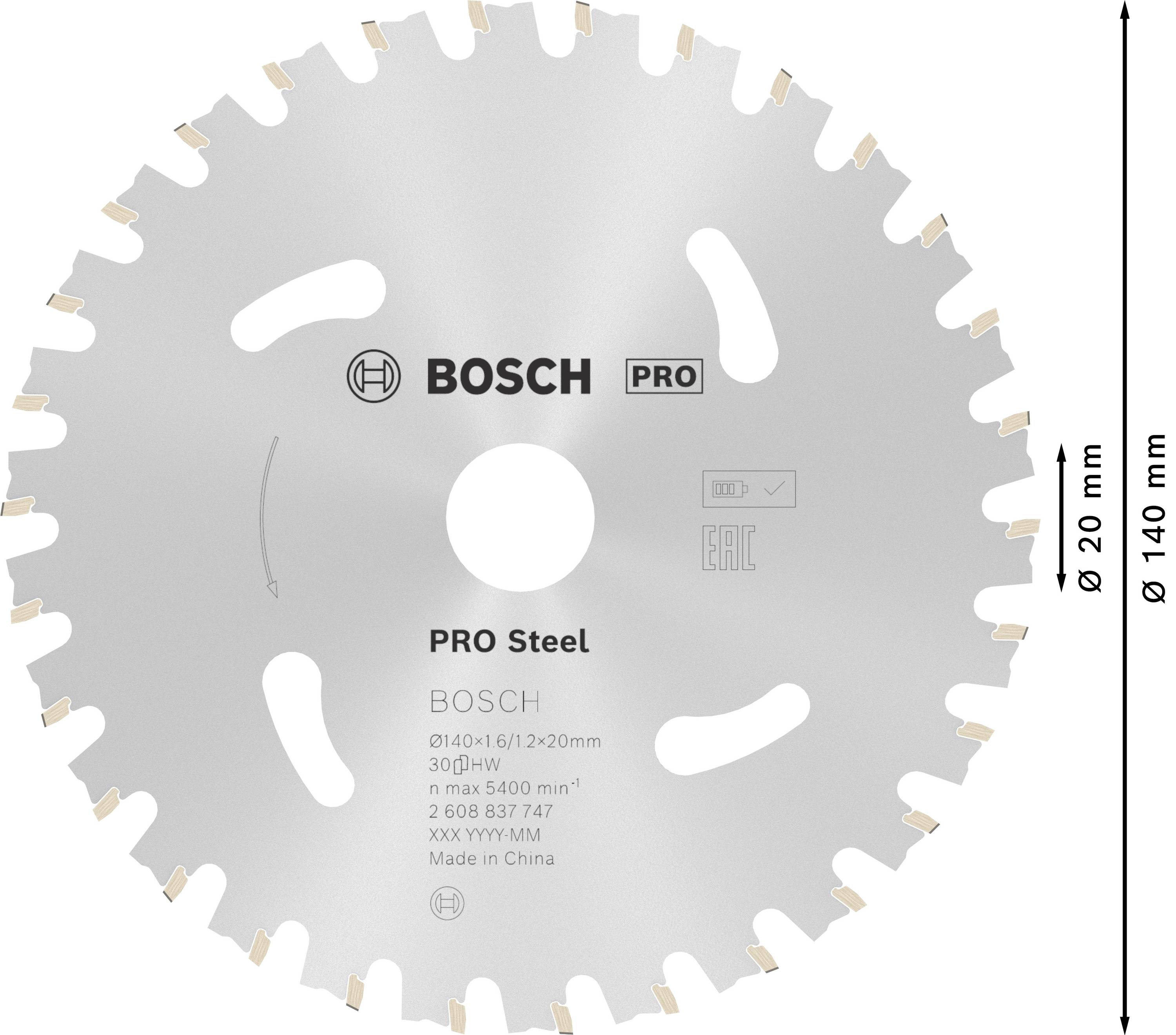 Piła tarczowa Bosch z napisem 'PRO Steel', średnica 140 mm, otwór 20 mm, odpowiednia do cięcia stali, wyprodukowana w Chinach.