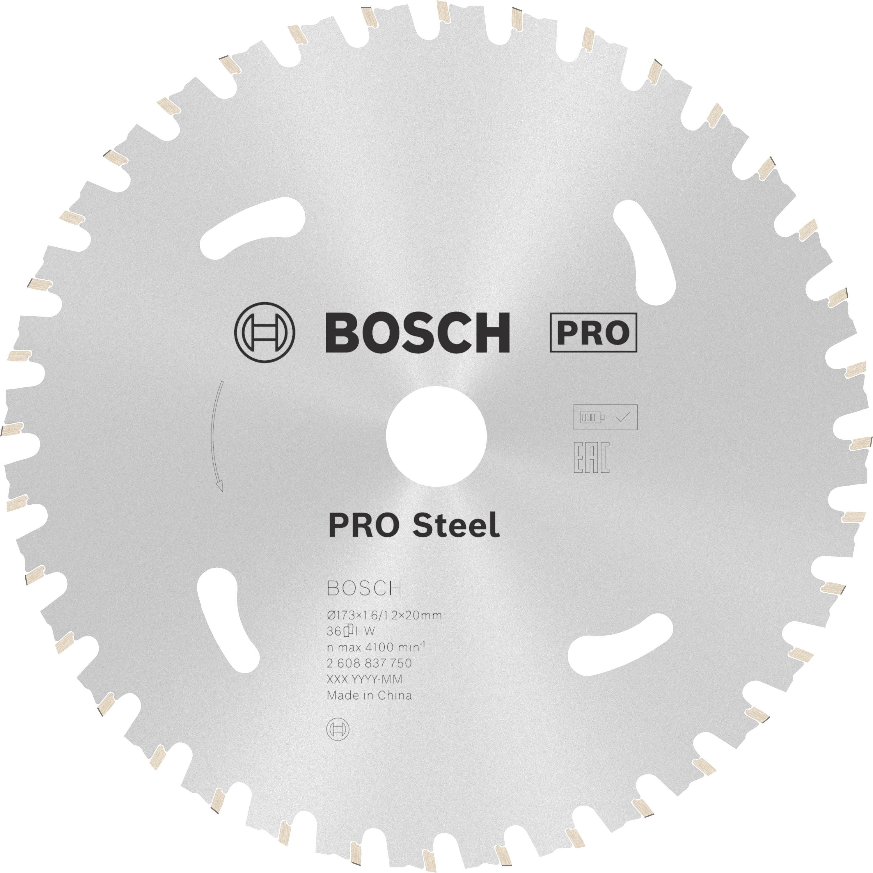 Okrągła tarcza metalowa z napisem 'BOSCH PRO Steel'. Przeznaczona do cięcia stali, średnica 230 mm.