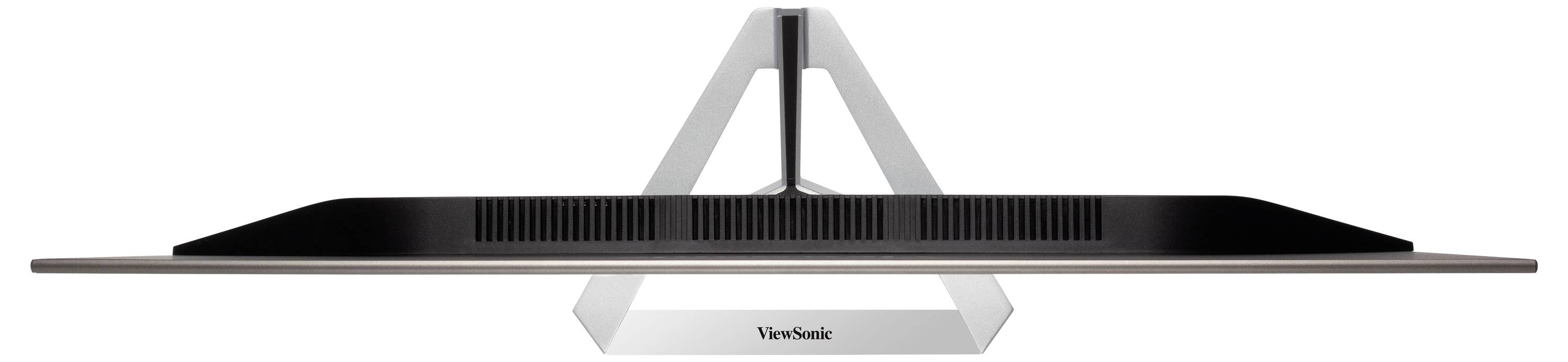Srebrny monitor ViewSonic widziany z boku, zamontowany na smukłej, trójkątnej podstawie.