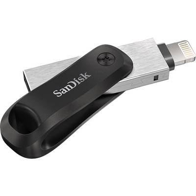 Pendrive SanDisk z szarym metalowym korpusem i czarną obudową z zintegrowanym złączem Lightning.