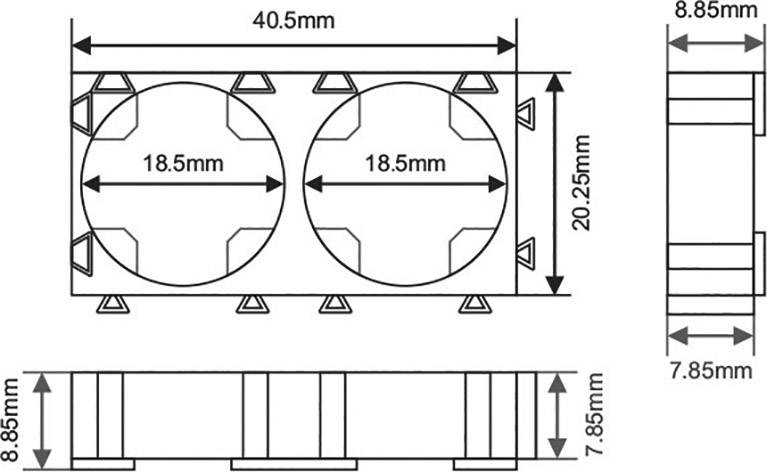 Rysunek techniczny dwóch cylindrów o średnicach 18,5 mm. Wymiary: szerokość 40,5 mm, wysokość 20,25 mm. Widok z boku pokazuje wysokość 7,85 mm.