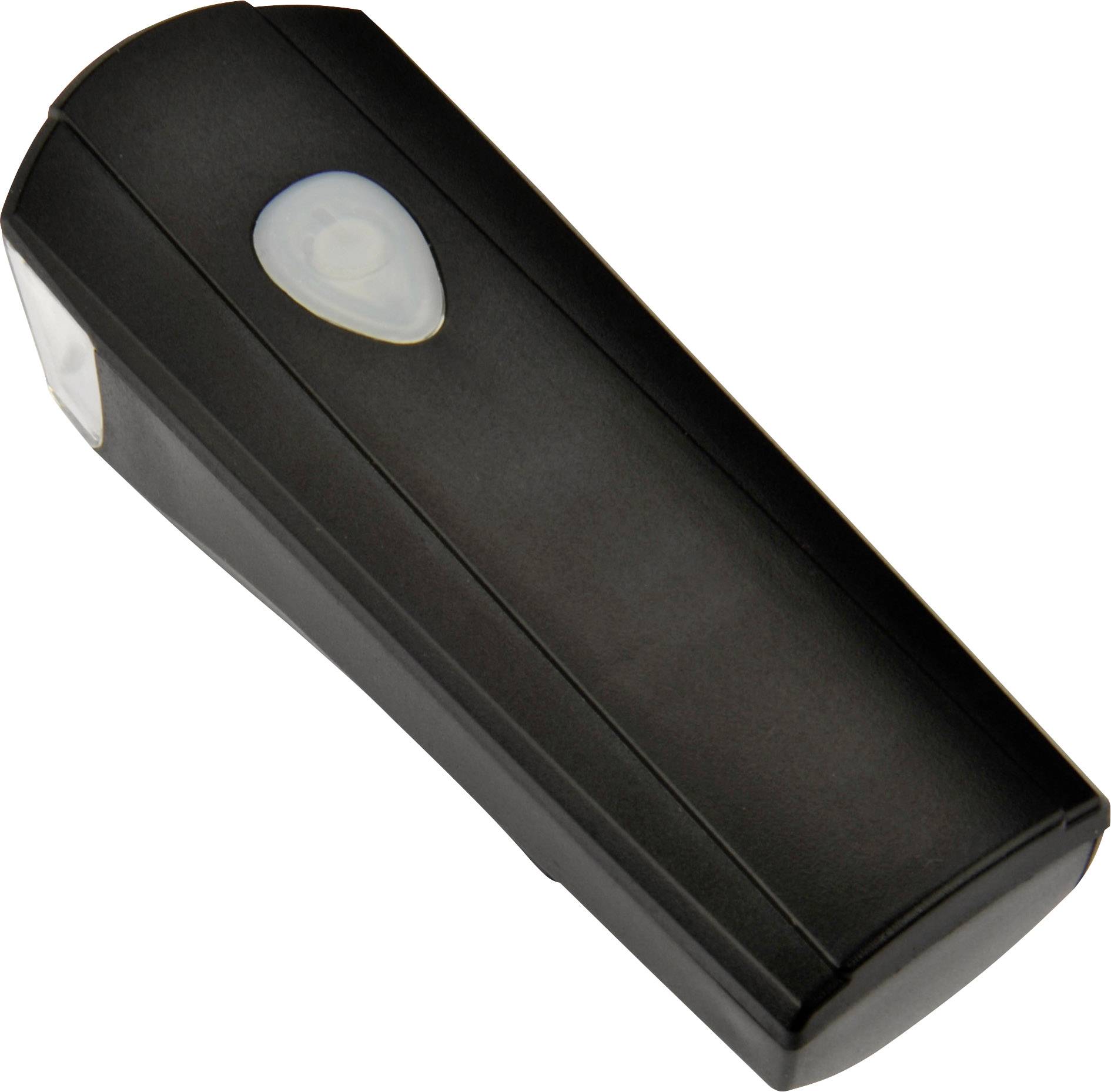 Czarna, prostokątna latarka z białym przełącznikiem i diodą LED z przodu.