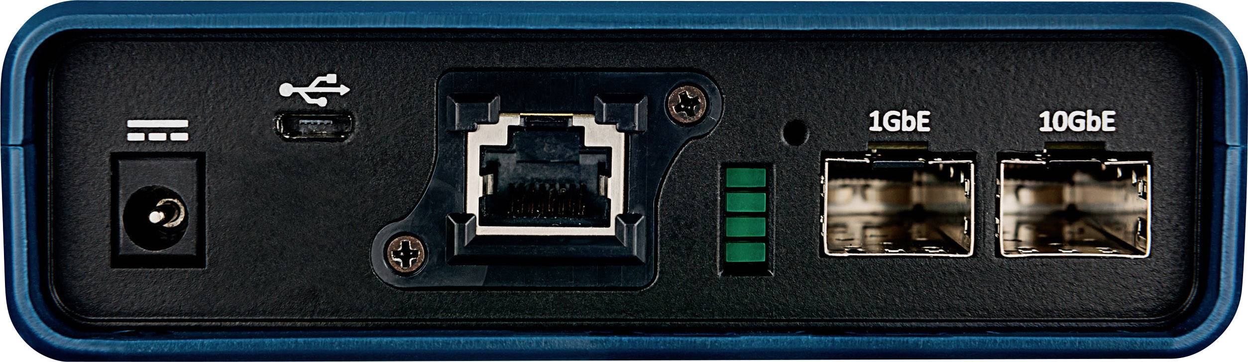 Tylna strona urządzenia sieciowego z podłączeniem zasilania, złączem USB-C, portem Ethernet oraz dwoma złączami światłowodowymi, oznaczonymi jako '1GbE' i '10GbE'.