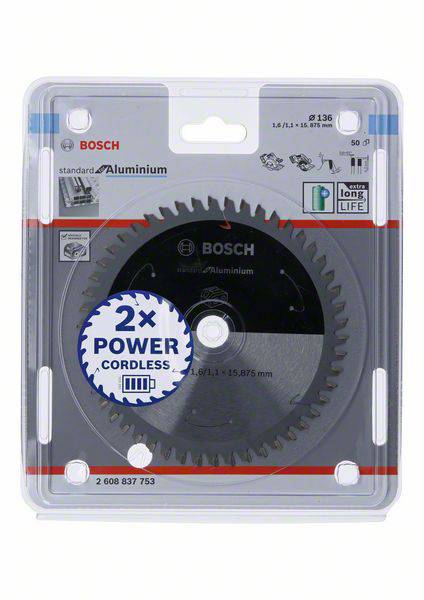 Tarcza piły tarczowej firmy Bosch, specjalnie przeznaczona do aluminium. Opakowanie podkreśla bezprzewodową wydajność i długą żywotność.