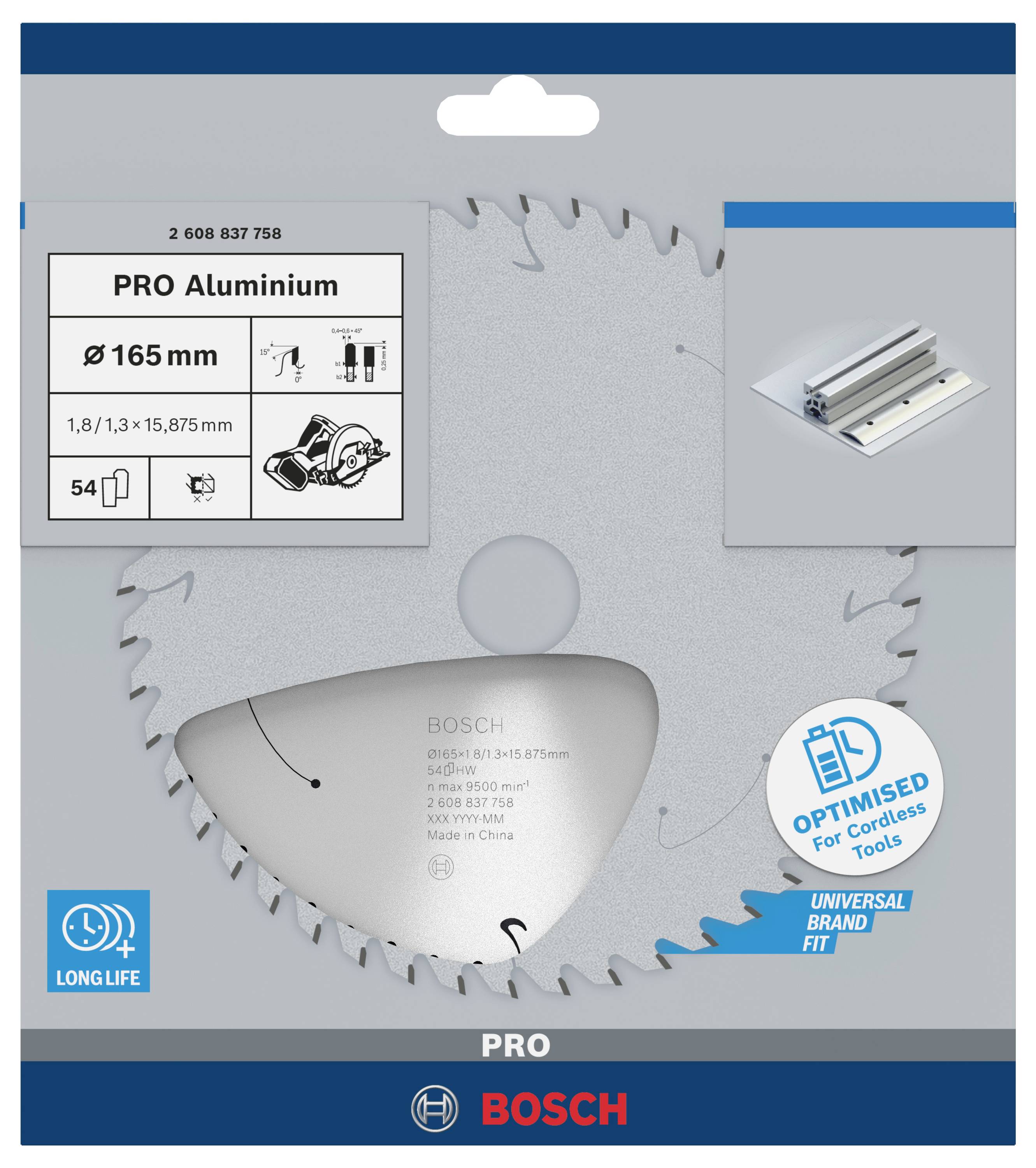 Tarcza piły do aluminium, średnica 165 mm, kompatybilna z narzędziami bezprzewodowymi. Opakowanie prezentuje szczegóły produktu i zgodne narzędzia.