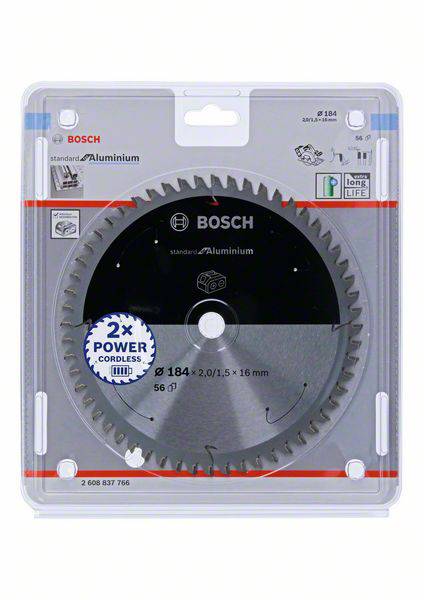 Wielofunkcyjna piła tarczowa Bosch w opakowaniu z tworzywa sztucznego, odpowiednia do cięcia aluminium. Średnica 184 mm, otwór 16 mm.
