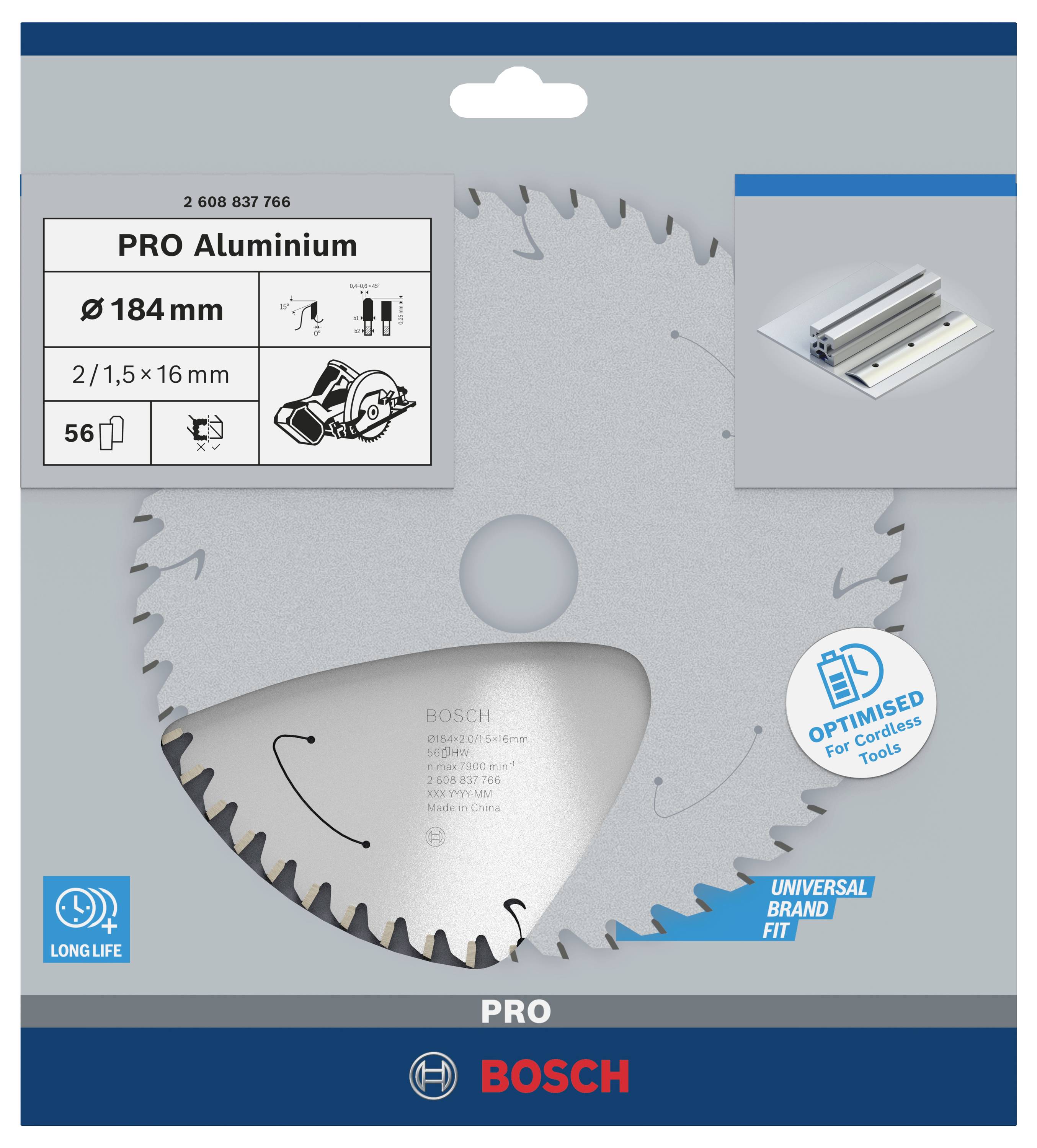 Tarcza pilarska Bosch 'PRO Aluminium' o średnicy 184 mm, przeznaczona do cięcia aluminium, zoptymalizowana do elektronarzędzi akumulatorowych.