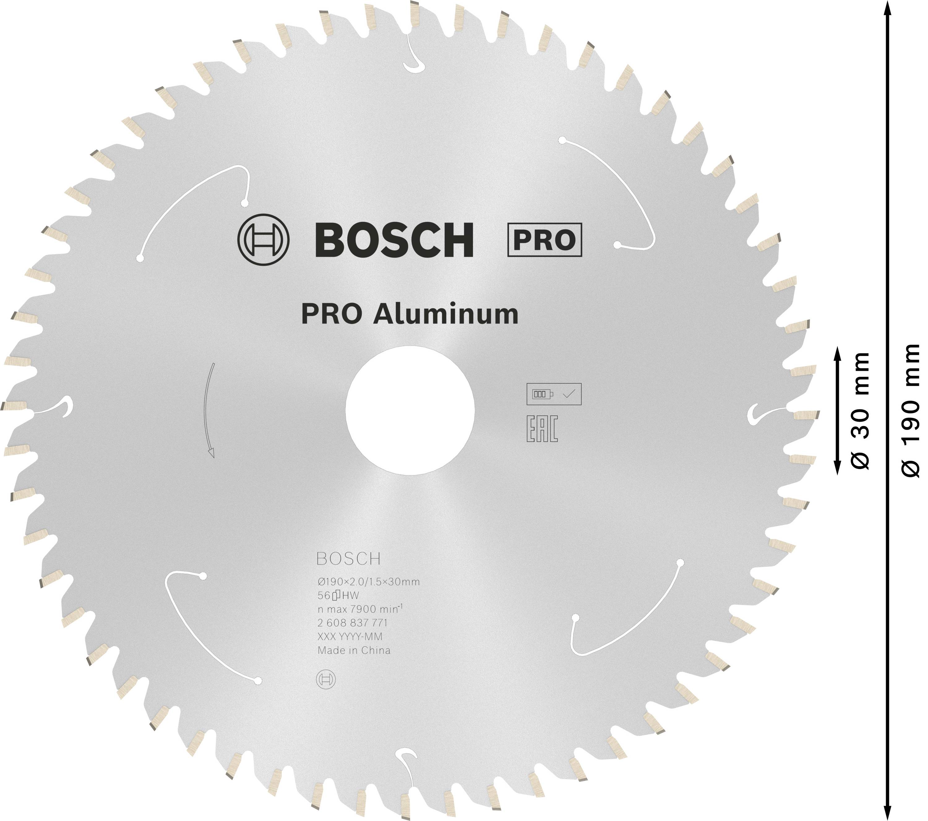 Tarcza piły tarczowej z napisem 'Bosch PRO Aluminum'. Średnica 190 mm, średnica otworu 30 mm, specjalnie przystosowana do cięcia aluminium.