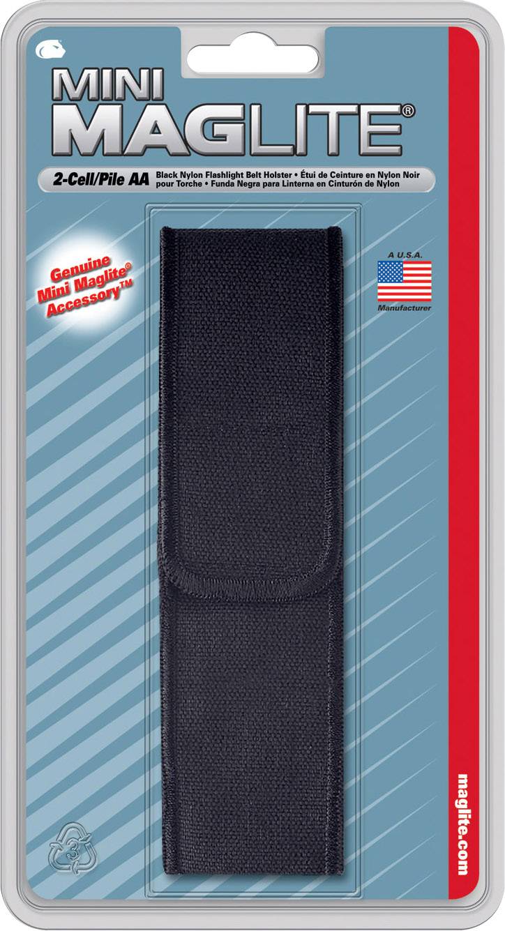 Opakowanie czarnego uchwytu na latarkę MagLite do 2 baterii AA. Zawiera kaburę z nylonu. Flaga USA w prawym górnym rogu.