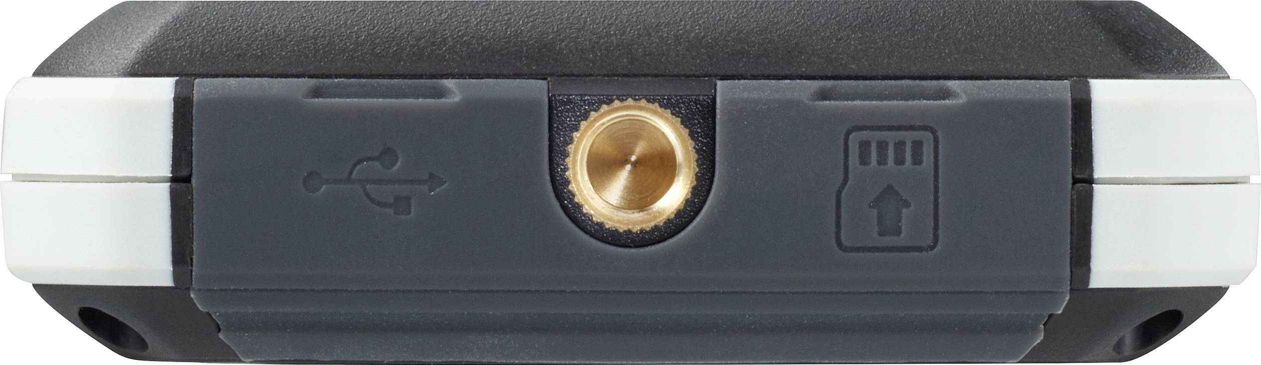 Złącze na urządzeniu elektronicznym z symbolem USB po jednej stronie i gniazdem karty microSD po drugiej stronie.