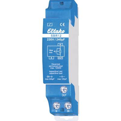 Niebieski moduł przełączający Eltako SBR12 230V/240µF z schematem podłączenia, oznaczeniem CE i danymi technicznymi dla obciążenia pojemnościowego.