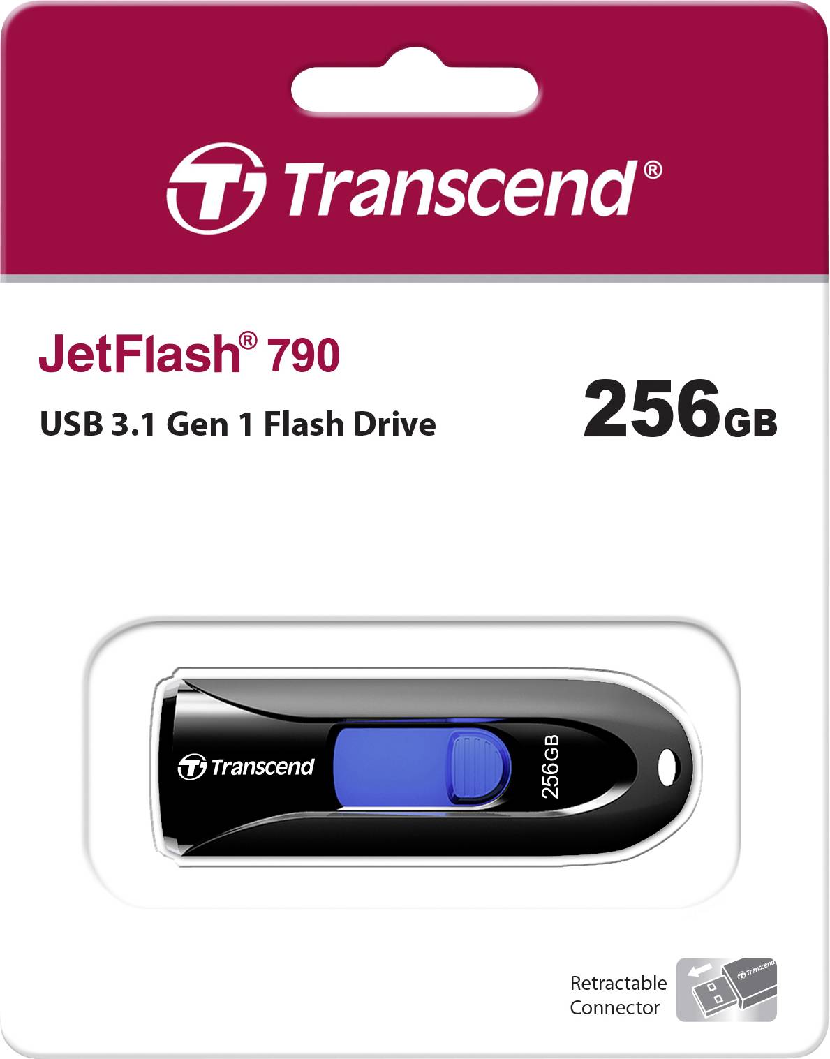 Opakowanie pendrive'a Transcend JetFlash 790, 256 GB, USB 3.1 Gen 1, czarna obudowa z niebieskim mechanizmem przesuwnym.