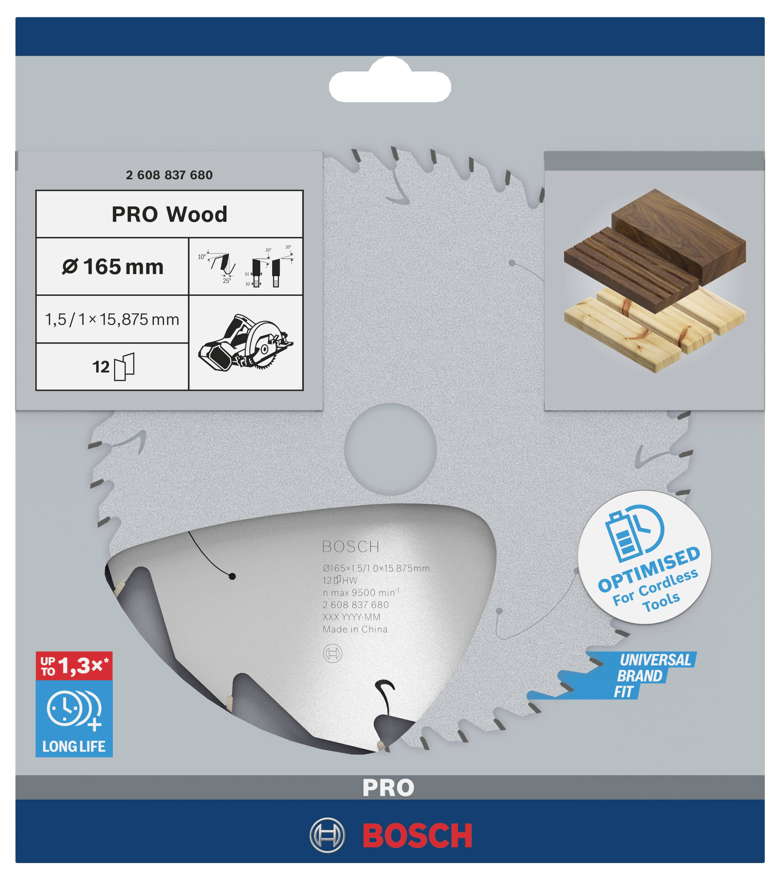 Tarcza pilarska Bosch Pro Wood, Ø 165 mm, 12 zębów, do obróbki drewna. Zoptymalizowana do narzędzi bezprzewodowych, trwała.