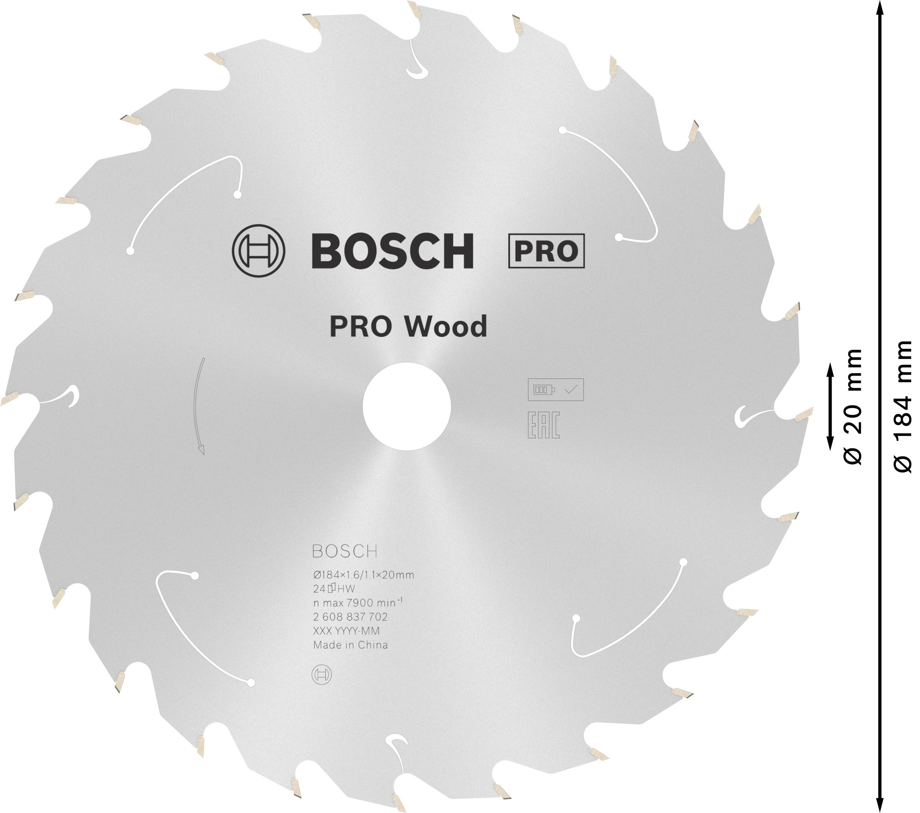 Piła tarczowa marki Bosch do drewna, z 20 zębami i średnicą 184 mm. Odpowiednia do projektów z drewna. Napis: Pro Wood.