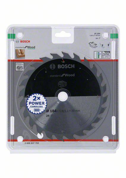 Brzeszczot firmy Bosch do drewna. Średnica 184 mm, 24 zęby. Opakowanie prezentuje produkt i logo marki.