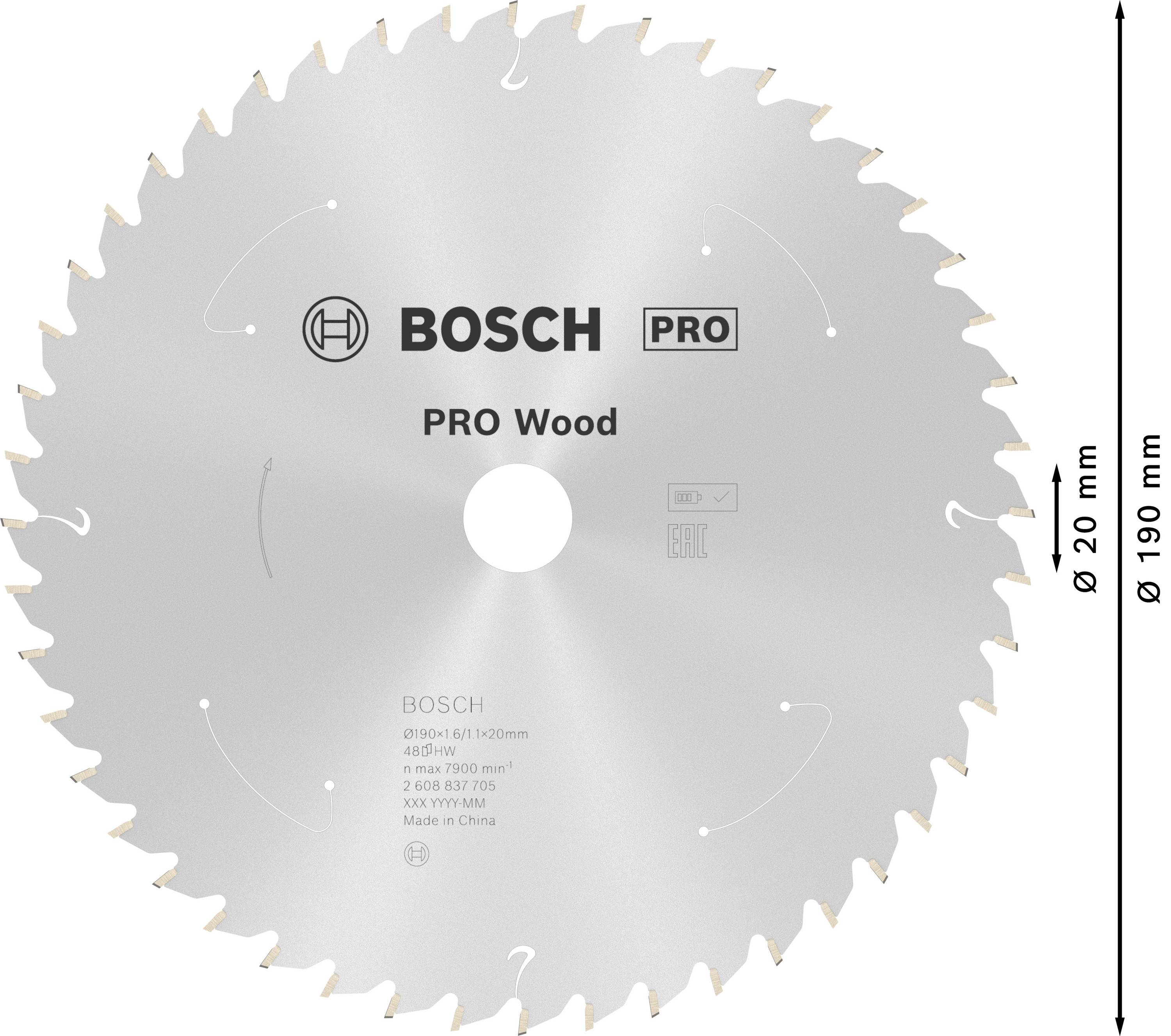 Piła tarczowa z logo BOSCH. Napis 'PRO Wood', średnica 190 mm, otwór 20 mm. Przeznaczona do obróbki drewna.