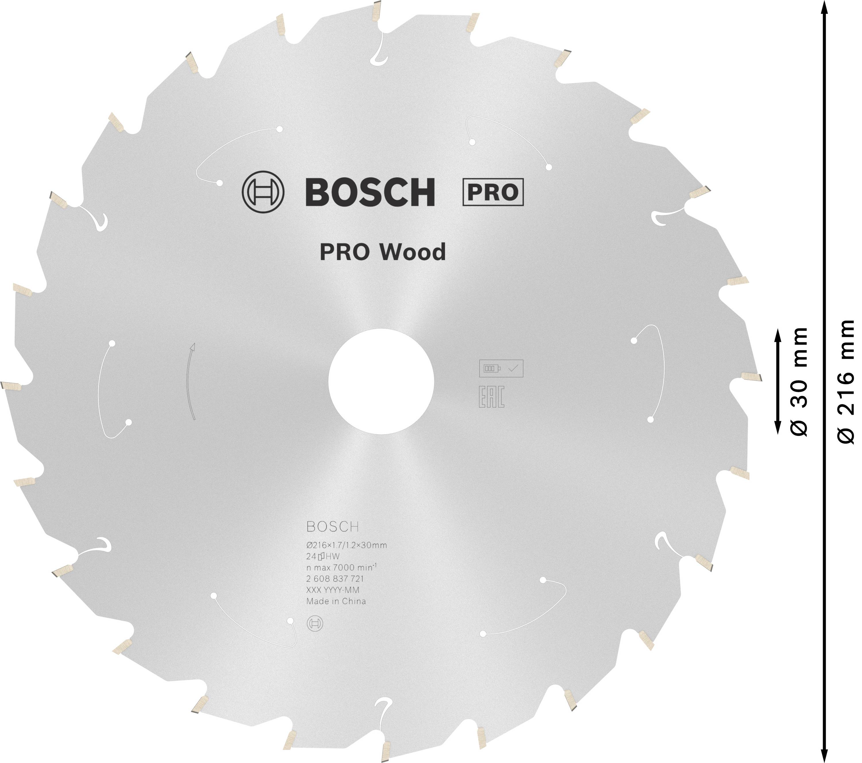Tarcza piły tarczowej z 24 zębami do drewna, 'Bosch PRO Wood', średnica 216 mm, otwór 30 mm, obwód z logo Bosch.