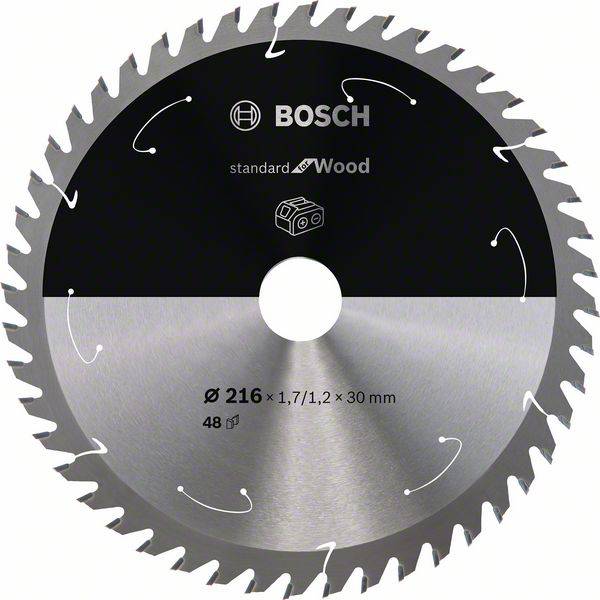 Brzeszczot do drewna firmy Bosch. Średnica: 216 mm, szerokość cięcia: 1,7 mm, otwór: 30 mm, 48 zębów. Odpowiedni do prac drewnianych.