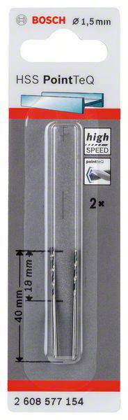 Opakowanie z dwoma wiertłami do metalu HSS PointTeQ firmy Bosch. Średnica: 1,5 mm, długość: 40 mm. Odpowiednie do szybkiego wiercenia.