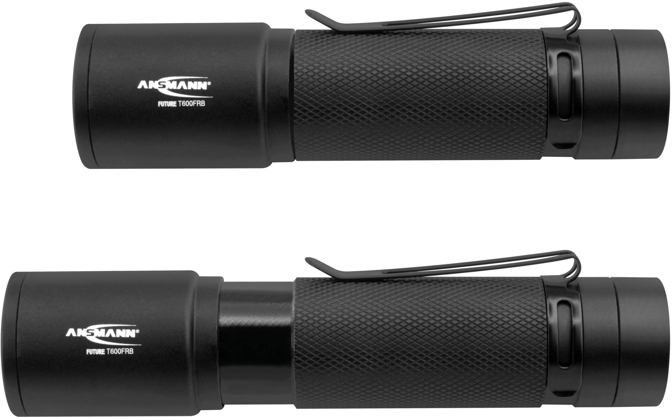 Dwie czarne latarki z klipsem, ułożone poziomo. Obie z napisem 'ANSMANN' i 'Future T100F/LB'.