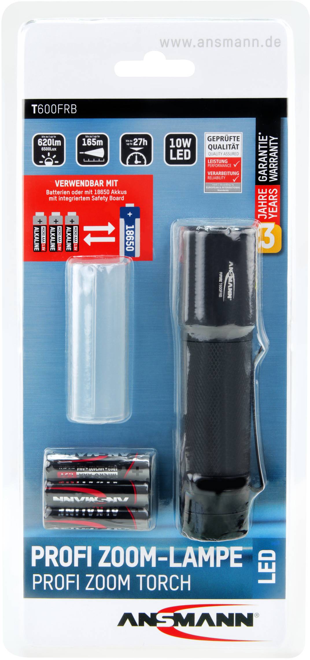 Opakowanie profesjonalnej lampy zoomowej marki Ansmann z latarką LED, bateriami i adapterem bateryjnym. Odpowiednia do zastosowań profesjonalnych.