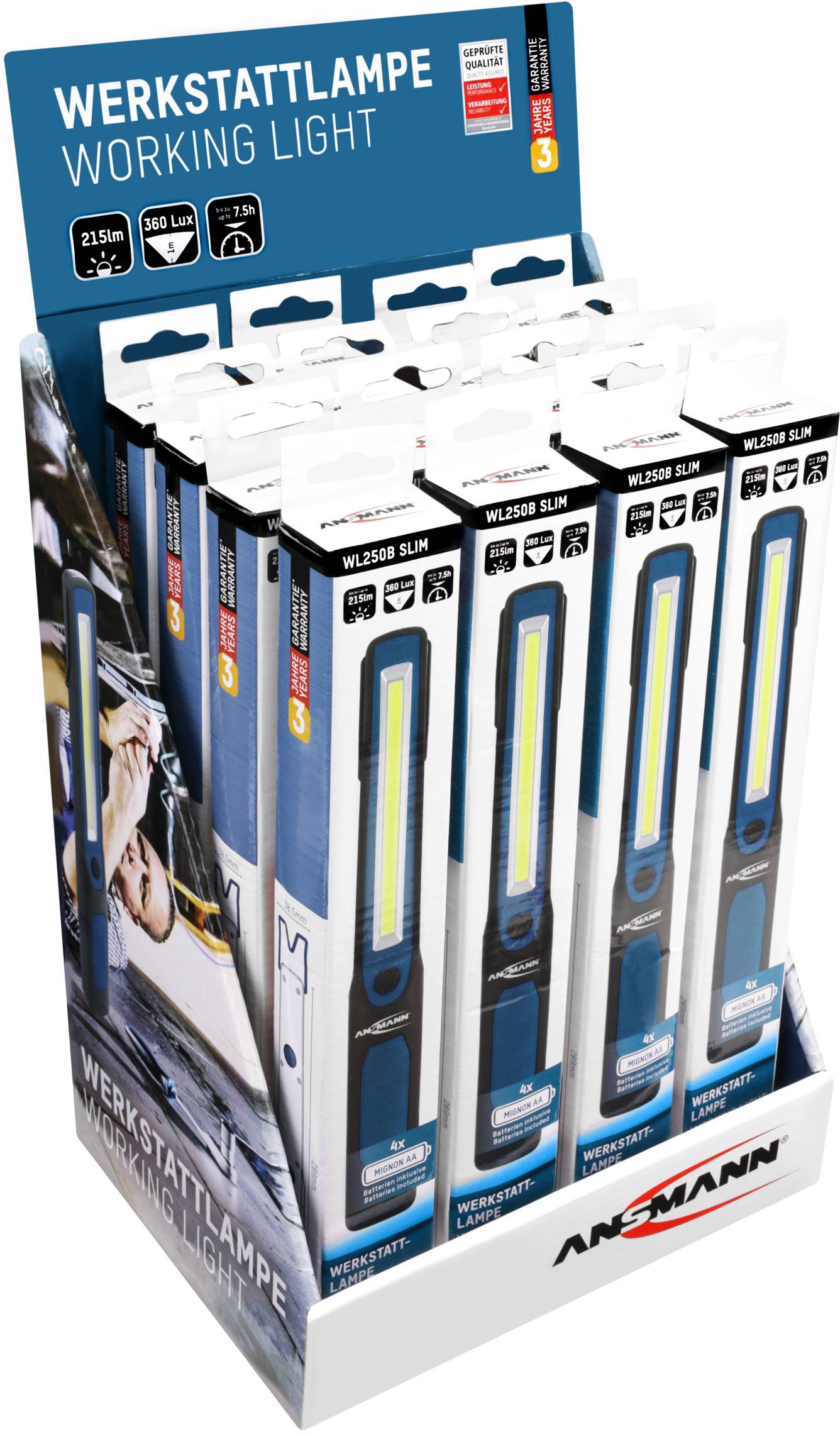 Wyświetlacz z wieloma lampami warsztatowymi Ansmann WL250B Slim, każda o natężeniu świecenia 215 lumenów i czasie pracy 5 godzin, ustawionymi w sklepie.