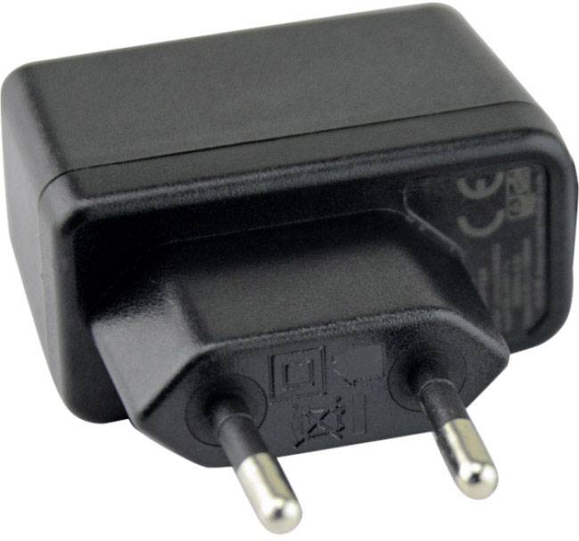 Czarny zasilacz z dwoma okrągłymi metalowymi wtyczkami, odpowiedni do europejskich gniazd elektrycznych.