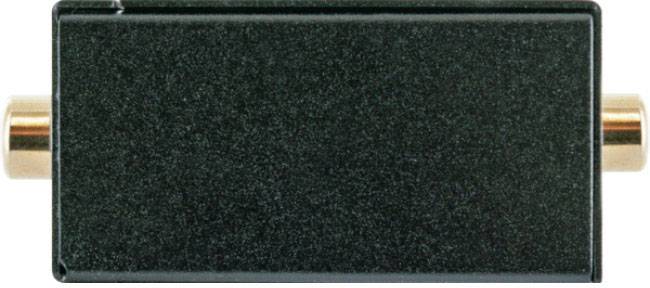 Czarny prostokątny adapter ze złoconymi złączami na obu końcach, prawdopodobnie przeznaczony do kabli koncentrycznych.