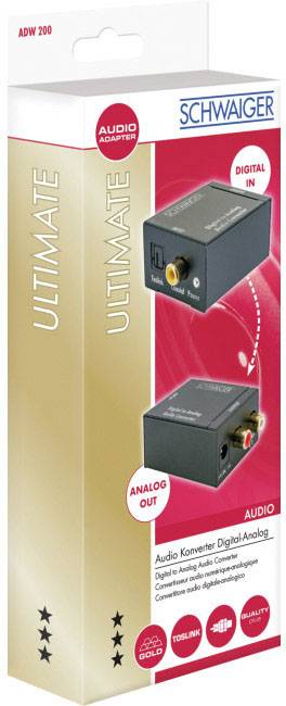 Opakowanie 'Konwerter Audio Cyfrowo-Analogowy'. Prezentuje zdjęcia produktu i opisy: 'Wejście Cyfrowe', 'Wyjście Analogowe', 'Adapter Audio'.