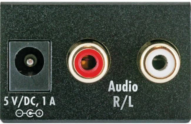 Złącza 'Audio R/L' z czerwonymi i białymi gniazdami obok złącza zasilania 5V/DC, 1A na czarnej powierzchni.