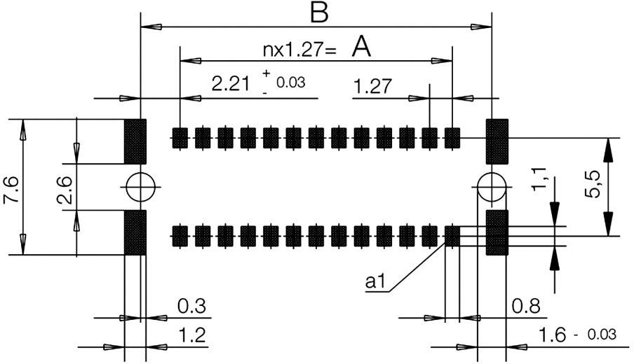 'Rysunek techniczny elementu z wymiarami: B, A, 2.21±0,03, 1,27. Wymiarowanie szczegółowe dla montażu i komponentów.'