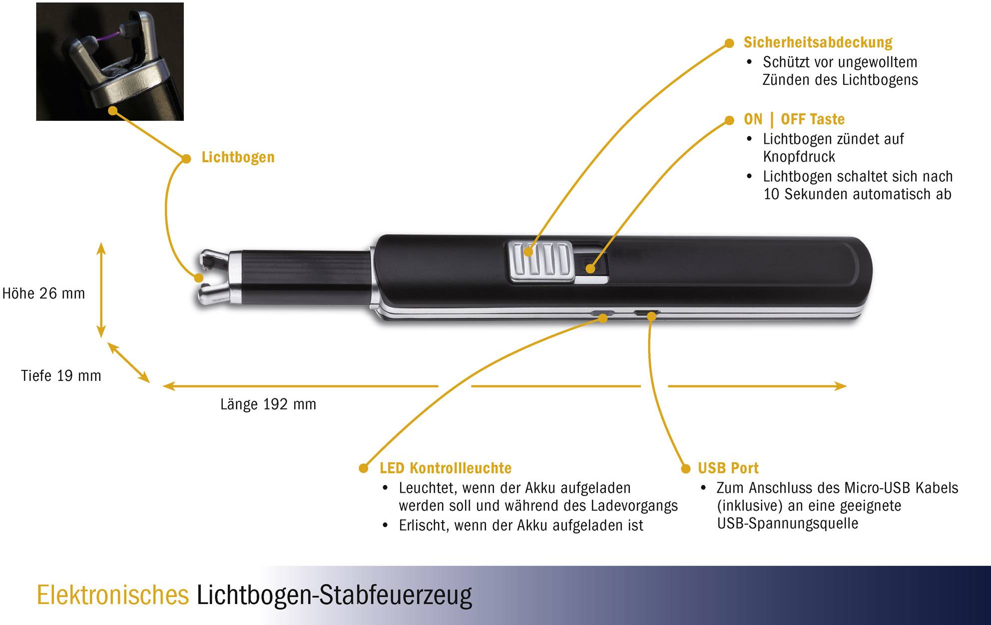 Elektroniczny zapalniczek łukowy z podłączeniem USB, wskaźnikiem kontrolnym i pokrywą bezpieczeństwa. Wymiary: 192 mm długości, 19 mm głębokości.