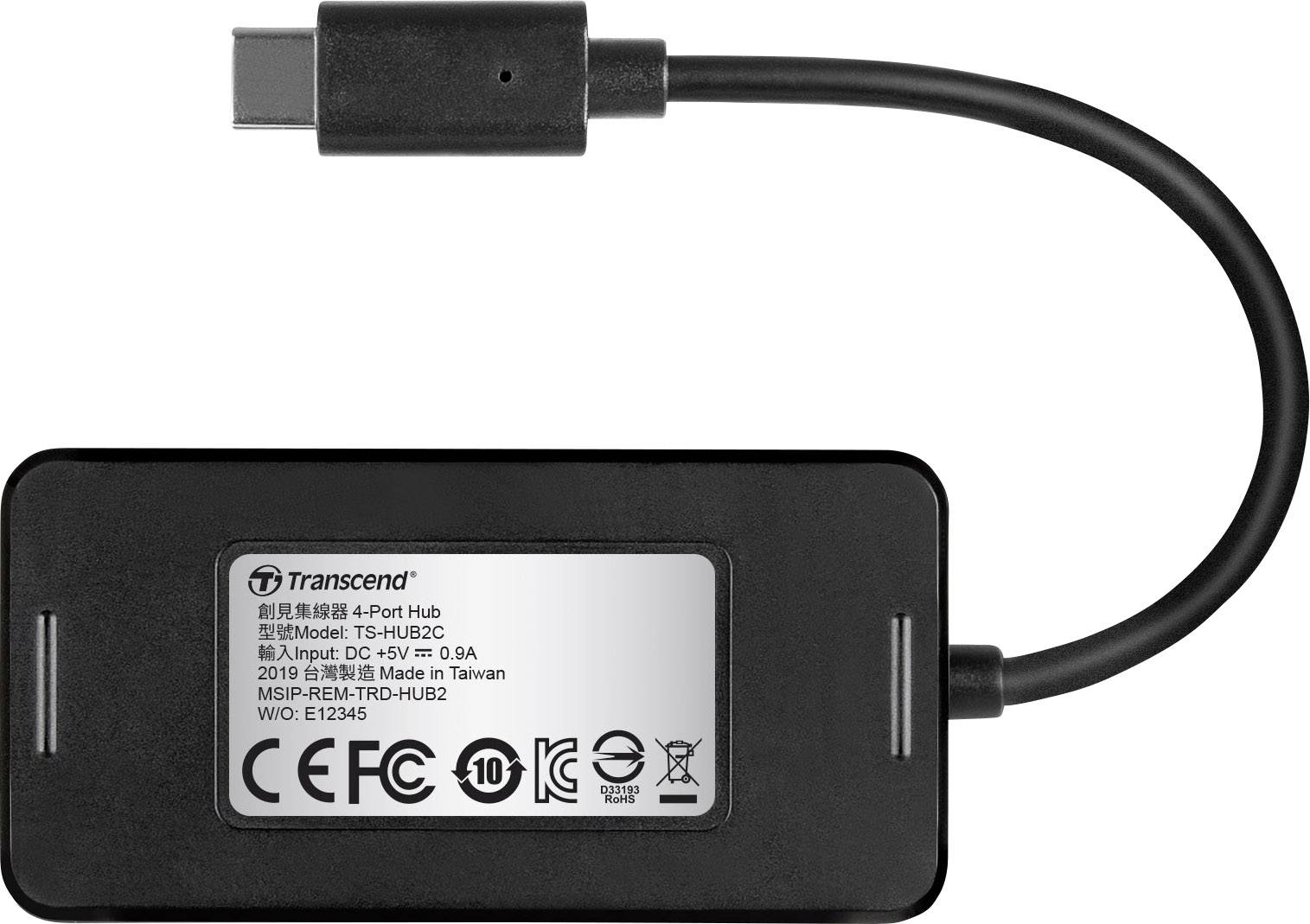 Hub USB-C firmy Transcend z czterema portami, model TS-HUB2C, 5V, 0,9A, wyprodukowany na Tajwanie. Czarny, prostokątny design.