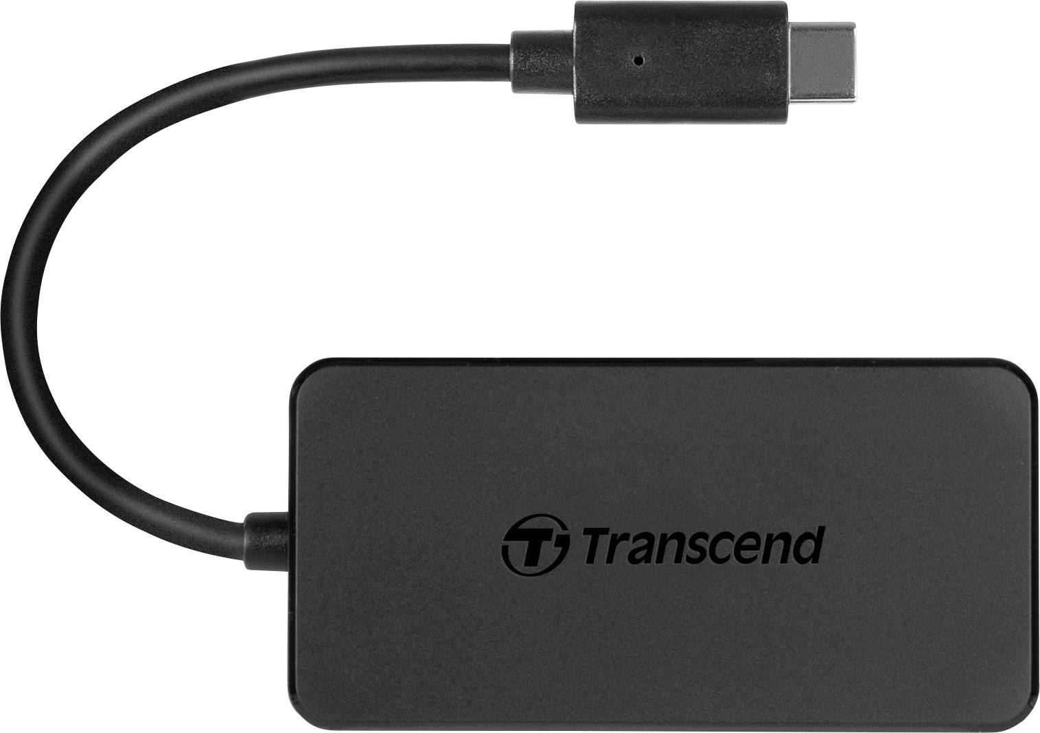 Czarny kabel USB-C i adapter z logo 'Transcend', służący do łączenia urządzeń.