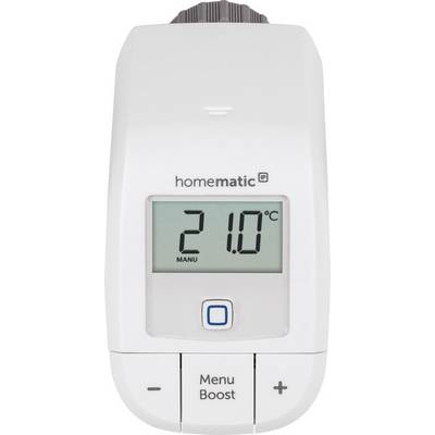 Cyfrowy termostat z wyświetlaczem LCD pokazuje '21,0°C'. Poniżej przyciski menu i funkcji boost.