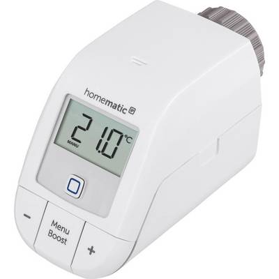 Cyfrowy termostat grzejnikowy wskazuje 21,0°C. Przyciski 'Menu' i 'Boost'. Urządzenie do kontroli temperatury w pomieszczeniu.
