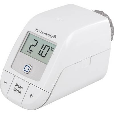 Biały elektroniczny termostat grzejnikowy wyświetla '21,0°C' na wyświetlaczu. Widoczne są przyciski menu, funkcji boost oraz ustawienia temperatury.