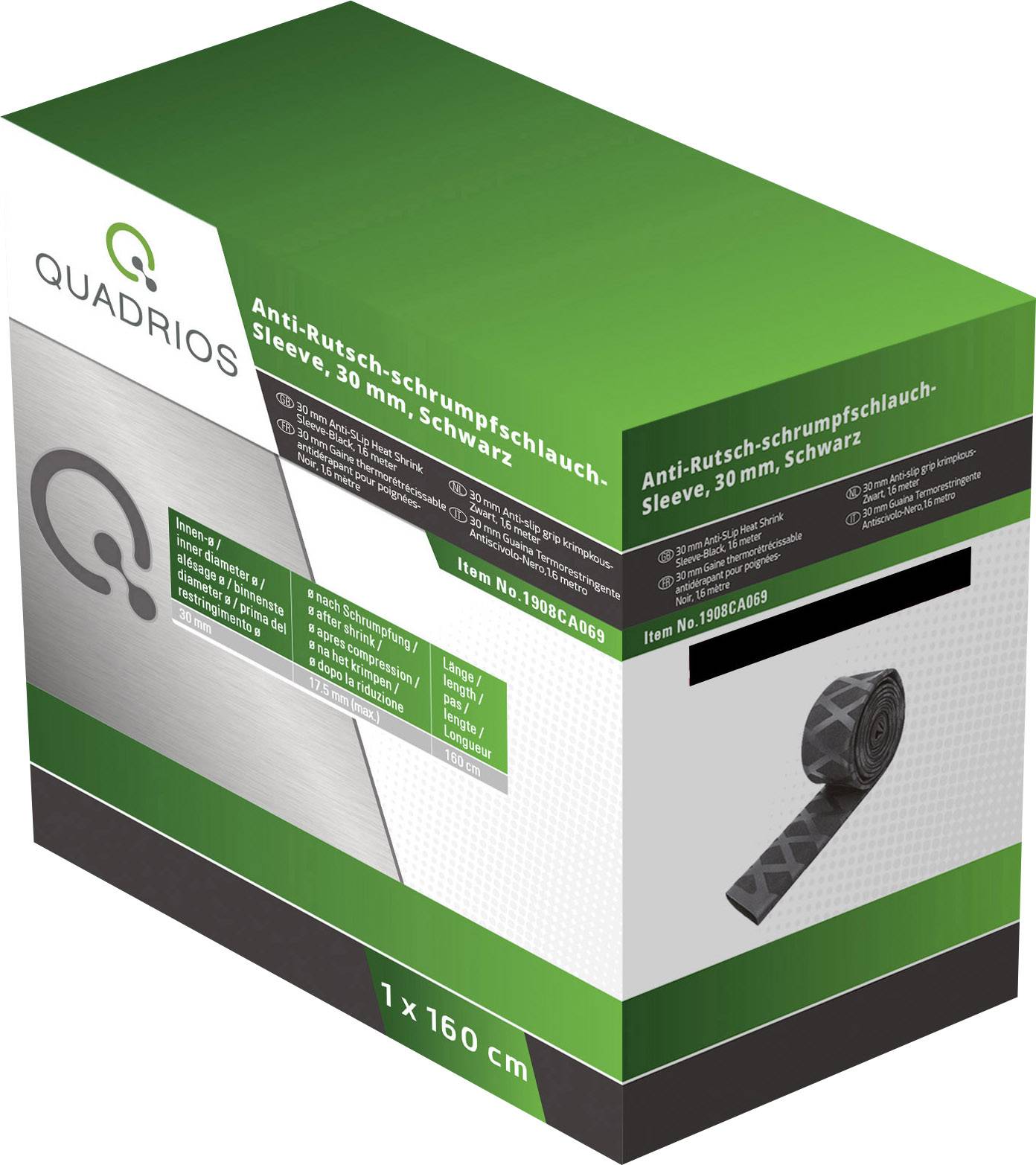 Термозбіжна трубка Quadrios 1908CA069 без клею чорна 30 мм 15 мм Коефіцієнт усадки: 2:1 1,6 м
