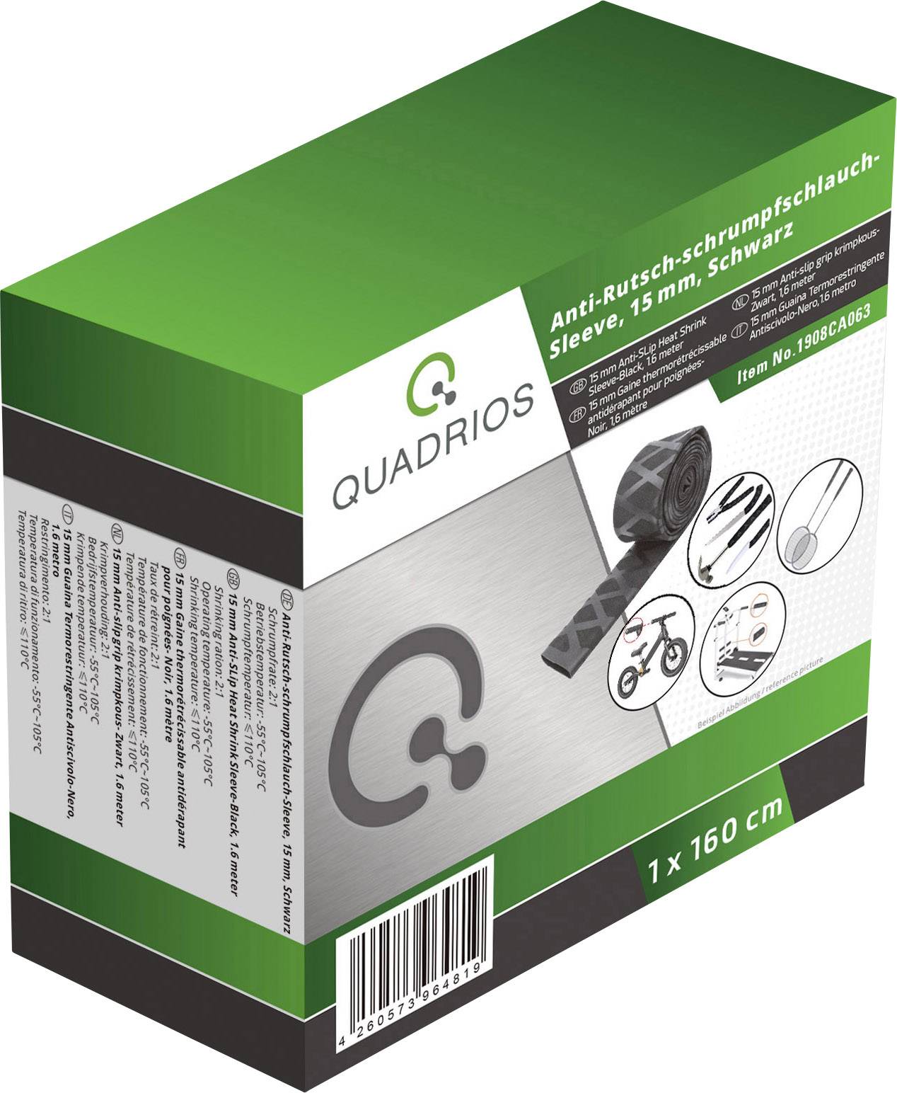 Термозбіжна трубка Quadrios 1908CA063 без клею чорна 15 мм 7,50 мм Коефіцієнт усадки: 2:1 1,6 м