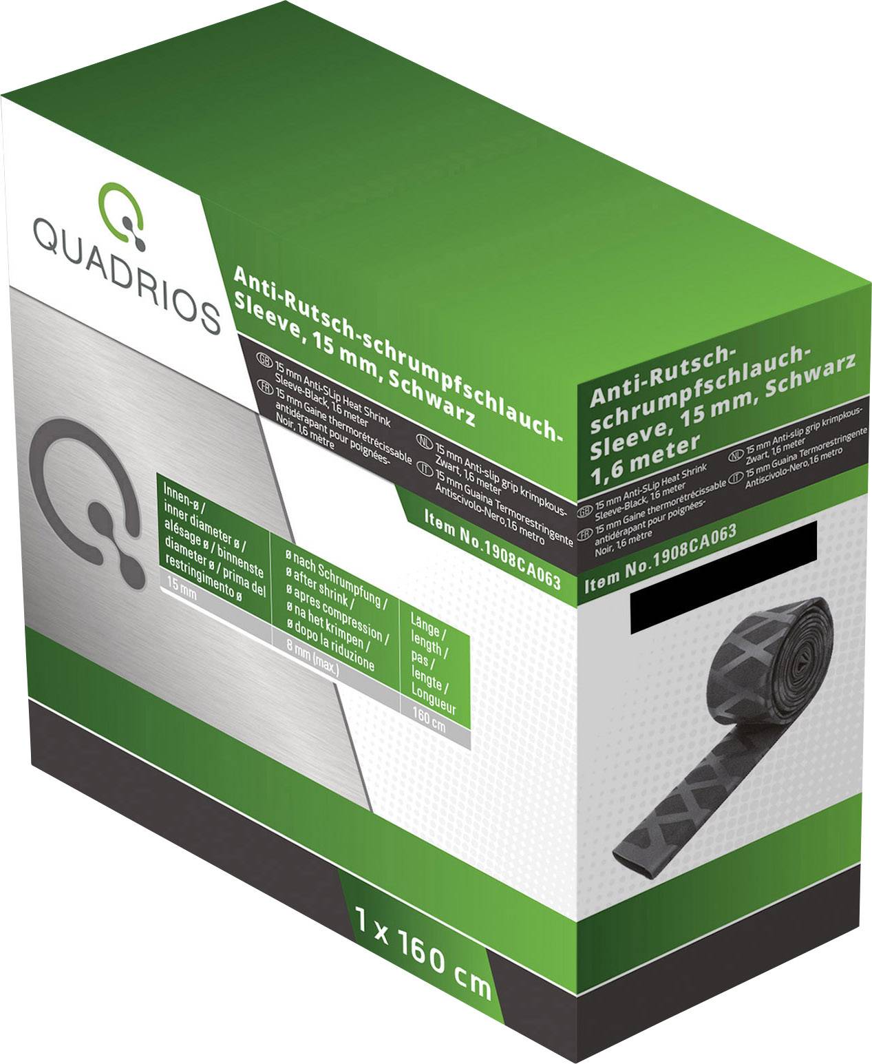 Термозбіжна трубка Quadrios 1908CA063 без клею чорна 15 мм 7,50 мм Коефіцієнт усадки: 2:1 1,6 м