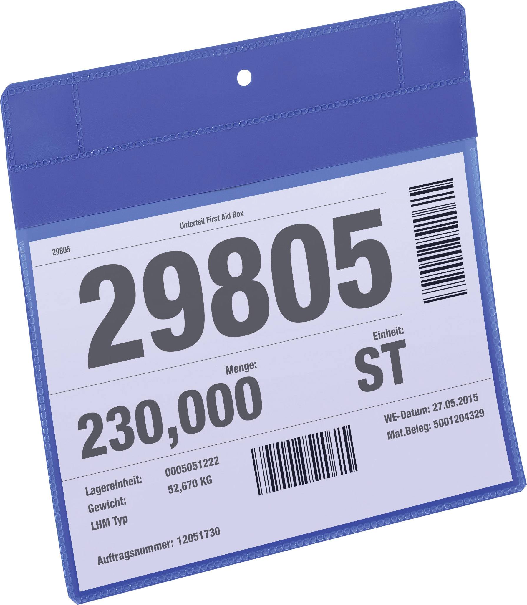 Etykieta z dużym numerem '29805', ilość '230.000', jednostka 'SZT'. Dodatkowe szczegóły: waga '52,670 KG', data '27.05.2015'.