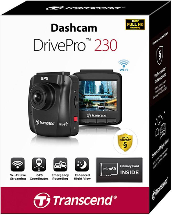 Opakowanie Transcend DrivePro 230 Dashcam przedstawia kamerę z GPS-em, funkcją nagrywania awaryjnego i Wi-Fi. Ilustracja kamery z wyświetloną sceną wideo.