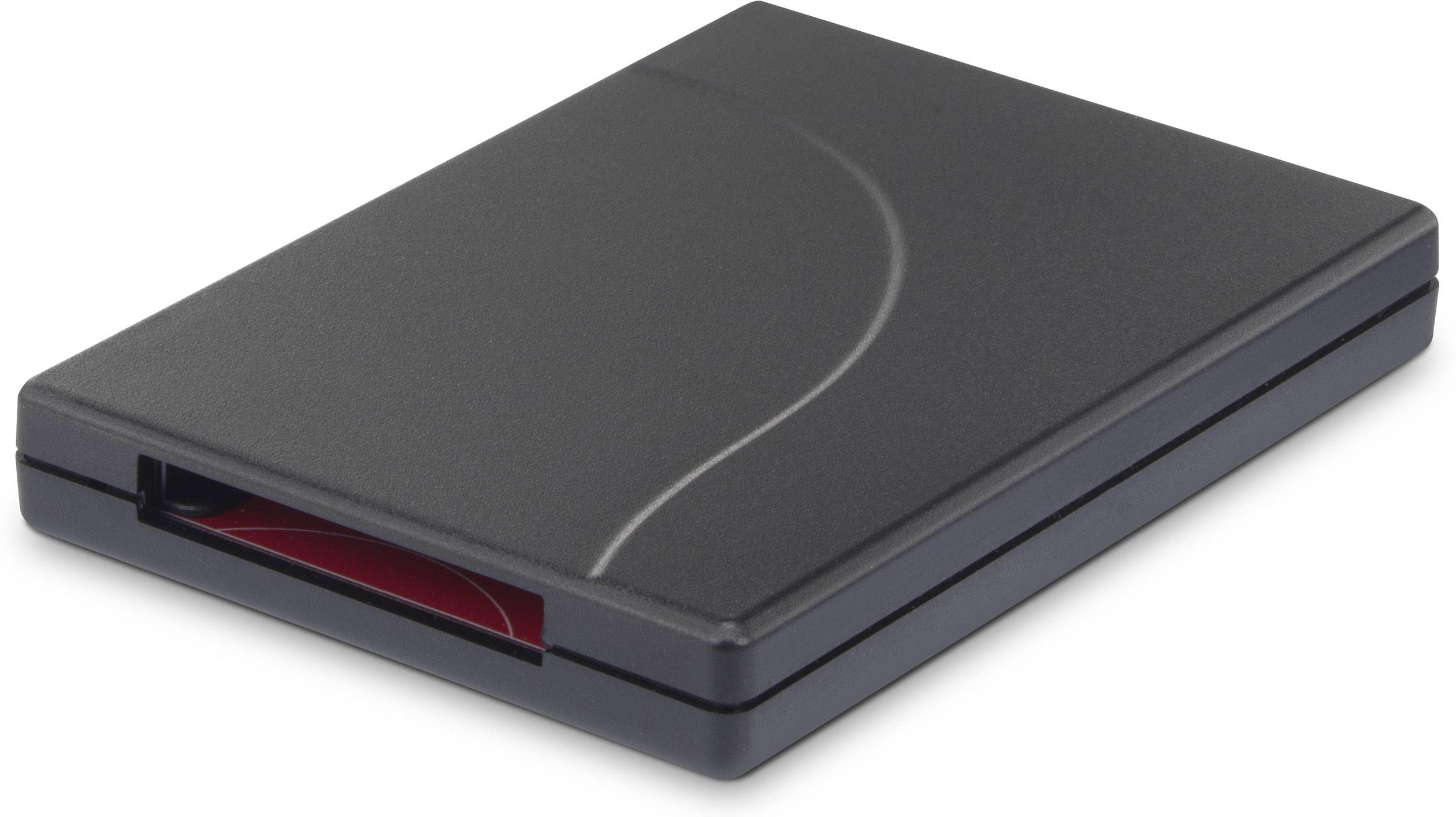 Płaski, czarny czytnik kart z czerwonym gniazdem USB, odpowiedni do stosowania w systemach bezpieczeństwa lub kontroli dostępu.
