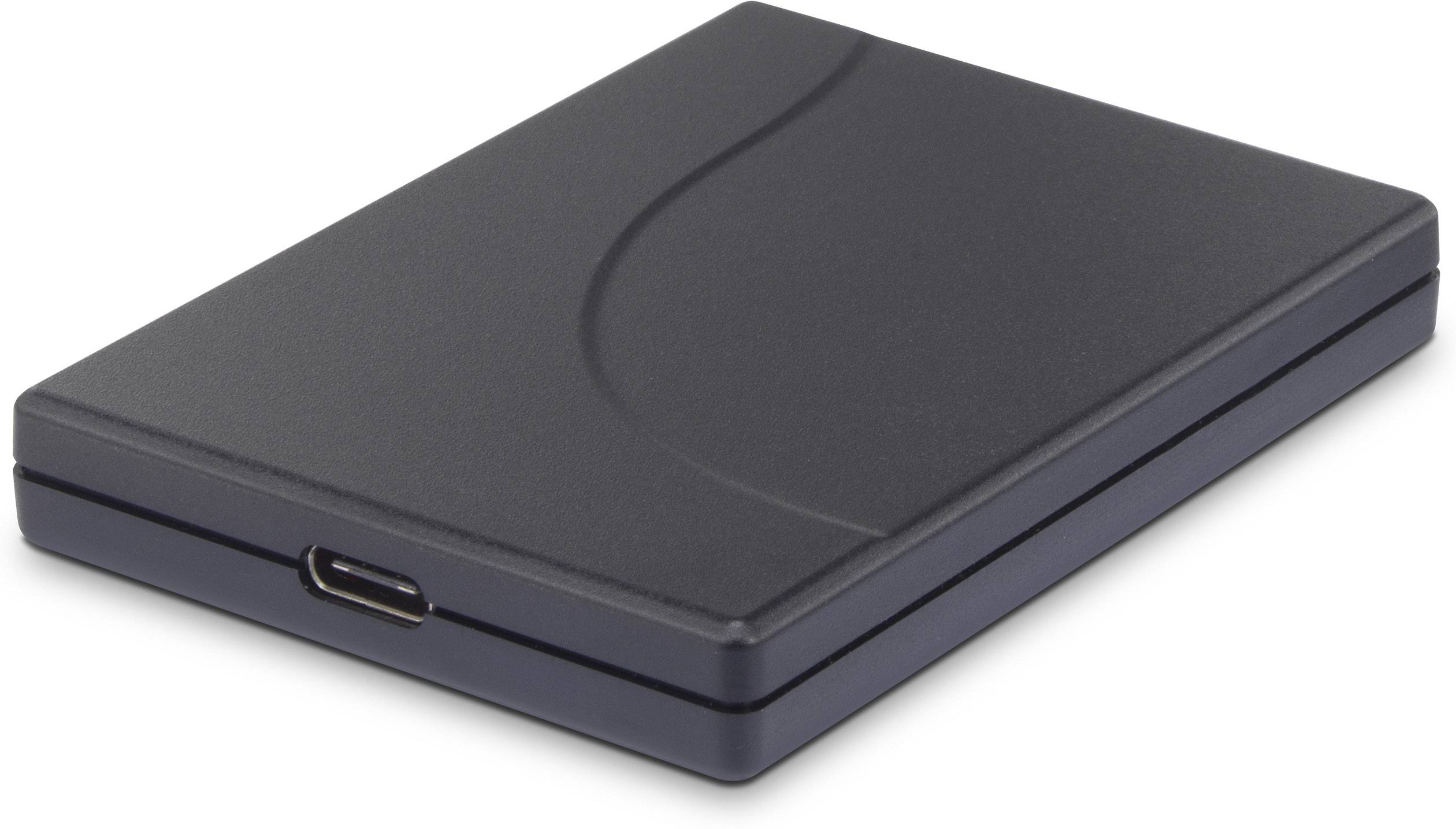 Czarna zewnętrzna dysk twardy z złączem USB-C, kompaktowy i przenośny, leżący na białym tle.