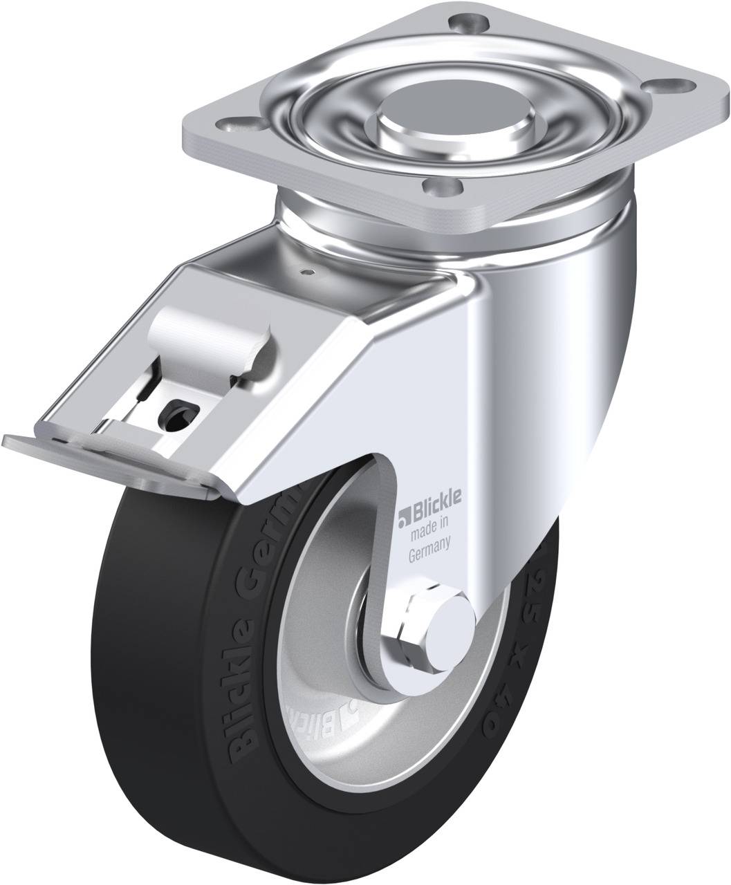 Metalowa rolka z czarnym kołem i płytą montażową, widok z boku. Odpowiednia do wózków transportowych lub mebli.