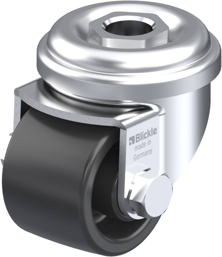 Metalowa rolka z czarnym kółkiem i srebrną obudową, z napisem 'Blickle made in Germany', odpowiednia do mebli lub urządzeń.