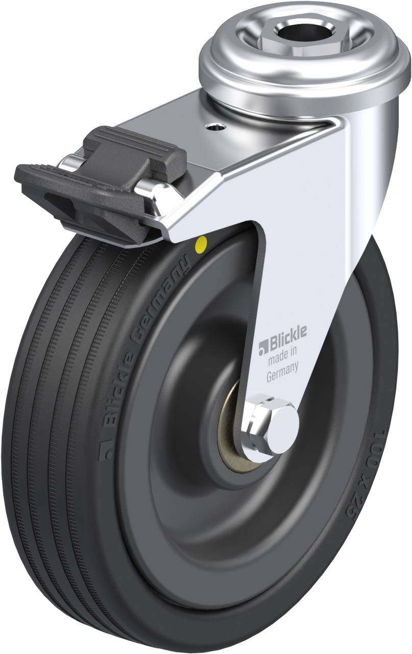 Rolka skrętna z czarnym kołem i srebrną obudową; przeznaczona do zastosowań przemysłowych. Napis 'Blickle made in Germany'.