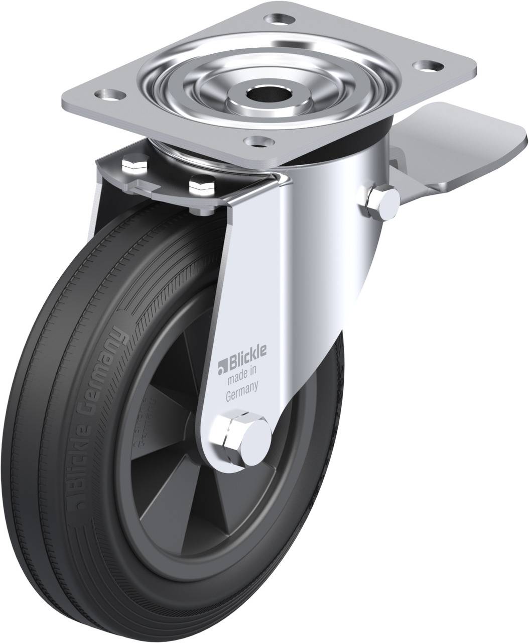 Rolka obrotowa z czarnym kołem i srebrną obudową. Nadruk na kole 'Blickle - made in Germany'.