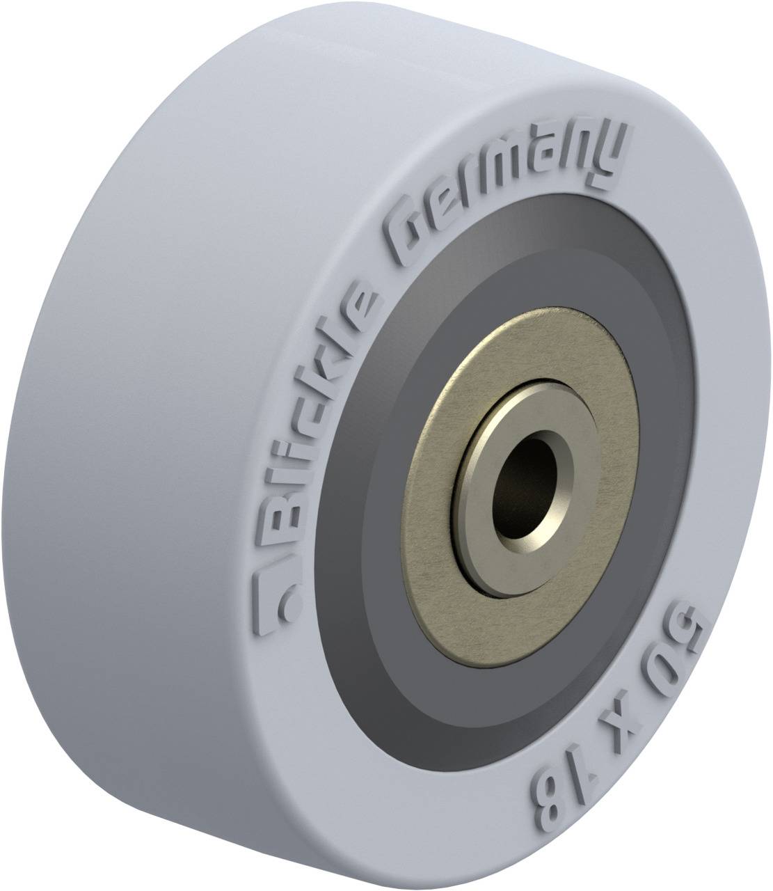 Szare koło z rdzeniem metalowym i grawerunkiem 'Blickle Germany 50x18'. Niezbędne do mebli lub maszyn, koło przemysłowe firmy Blickle.