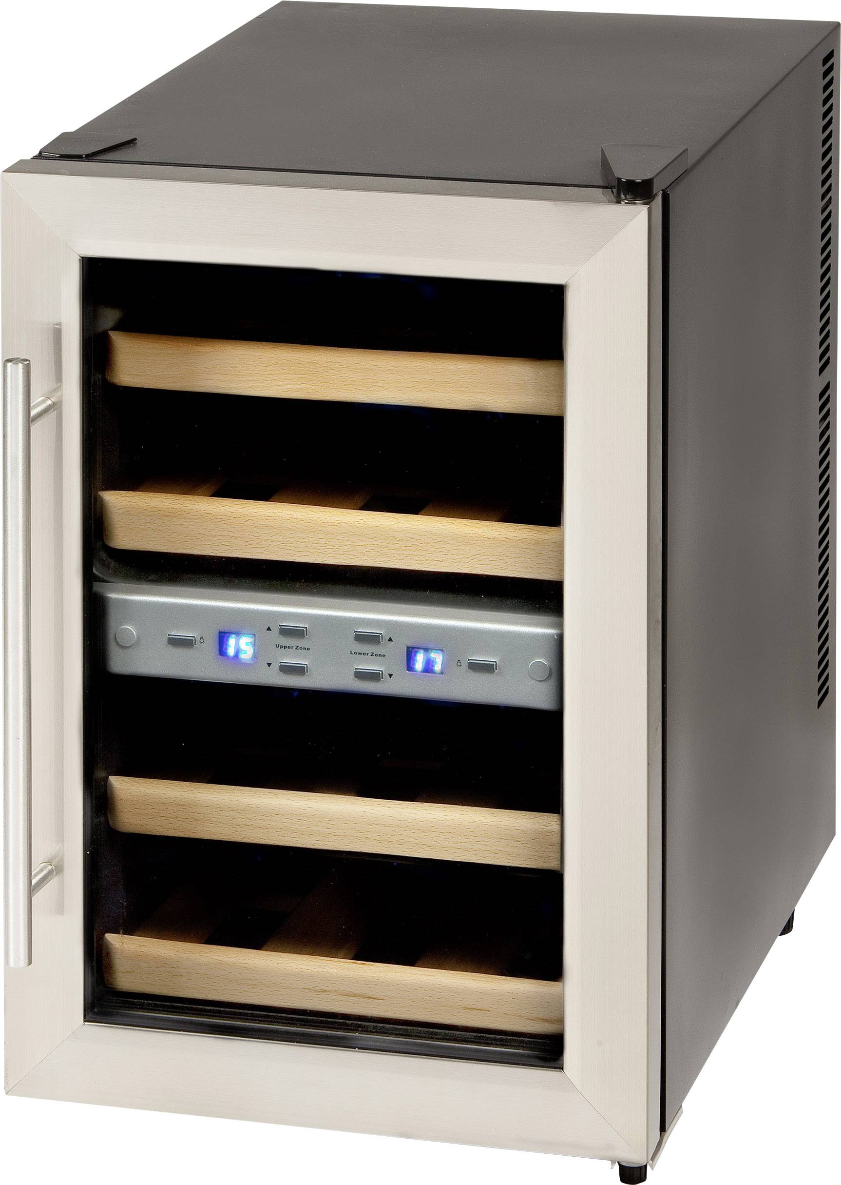 Mały chłodziarka do wina ze stali nierdzewnej z przezroczystymi drzwiami i drewnianymi półkami. Cyfrowy wyświetlacz wskazuje temperatury.